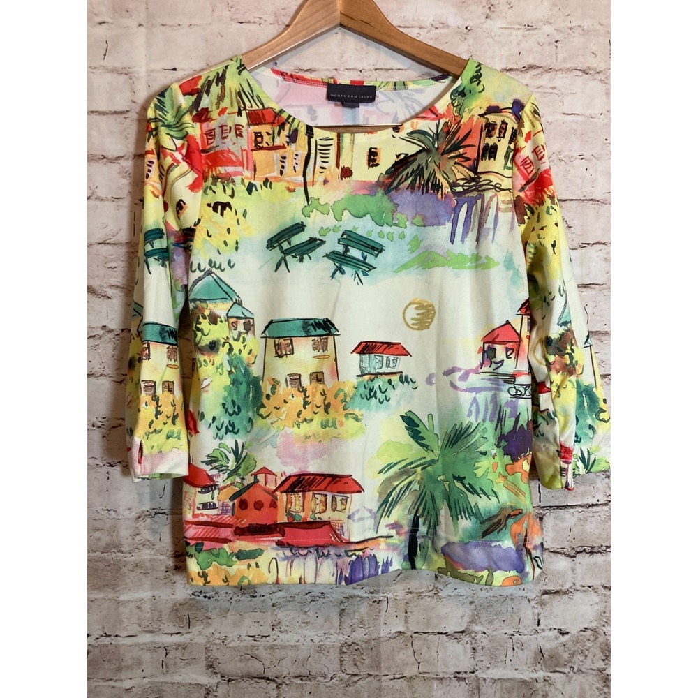 Northern Isles Top Womens Large Colorful Tropical Beach Print Vacation Resort